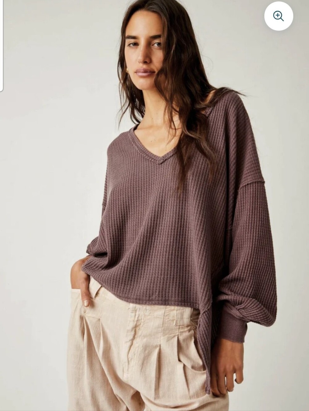 We The Free Mauve Waffle Knit V-Neck Long Sleeve Top